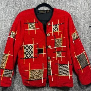 Alex Kim Red‎ Tapestry Jacket Embellished Button Front Vintage - Womens Medium